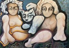 1034 - Couple assis au chat bleu